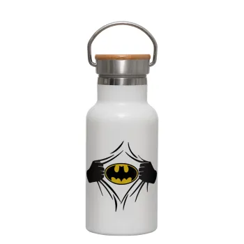 Hero batman, Metallic thermos (Stainless steel) White with wooden lid (bamboo), double-walled, 350ml