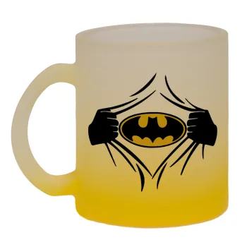 Hero batman, Κούπα γυάλινη δίχρωμη με βάση το κίτρινο ματ, 330ml