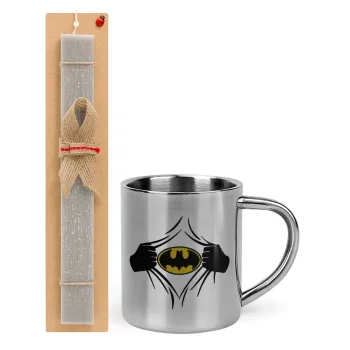 Hero batman, Easter Set, metallic thermal cup (300ml) & Easter aromatic flat candle (30cm) (GRAY)