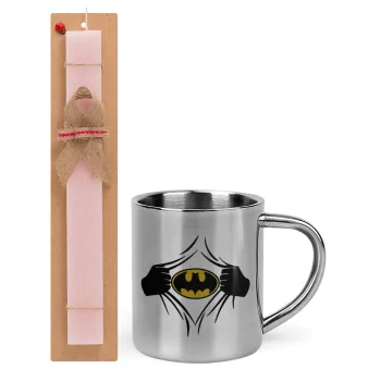 Hero batman, Easter Set, metallic thermal cup (300ml) & aromatic flat Easter candle (30cm) (PINK)