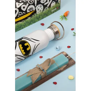 Hero batman, Πασχαλινή Λαμπάδα με παγούρι μεταλλικό (620ml, stainless steel) & κερί αρωματικό πλακέ (30cm) (ΤΙΡΚΟΥΑΖ)