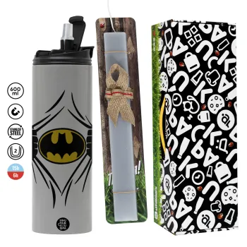Hero batman, Πασχαλινή Λαμπάδα με Travel Tumbler θερμό (600ml, BPA free) & κερί αρωματικό πλακέ (30cm) (ΓΚΡΙ)
