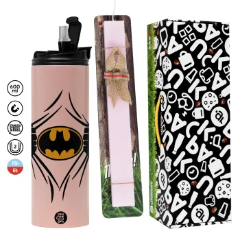 Hero batman, Πασχαλινή Λαμπάδα με  ΡΟΖ Travel Tumbler θερμό (600ml, BPA free) & κερί αρωματικό πλακέ (30cm) (ΡΟΖ)