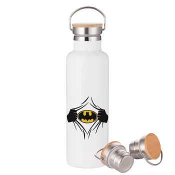 Hero batman, Stainless steel White with wooden lid (bamboo), double wall, 750ml