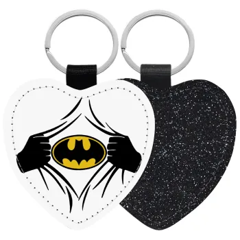 Hero batman, Μπρελόκ PU δερμάτινο glitter καρδιά ΜΑΥΡΟ