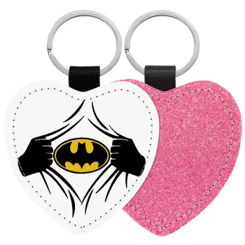 Hero batman, Μπρελόκ PU δερμάτινο glitter καρδιά ΡΟΖ