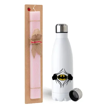 Hero batman, Easter Set, metallic stainless steel water bottle (750ml) & scented flat Easter candle (30cm) (PINK)