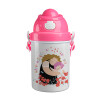 Cute mother, Happy mothers day, Ροζ παιδικό παγούρι πλαστικό (BPA-FREE) με καπάκι ασφαλείας, κορδόνι και καλαμάκι, 400ml
