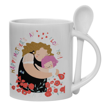 Cute mother, Happy mothers day, Ceramic coffee mug with Spoon, 330ml (1pcs)