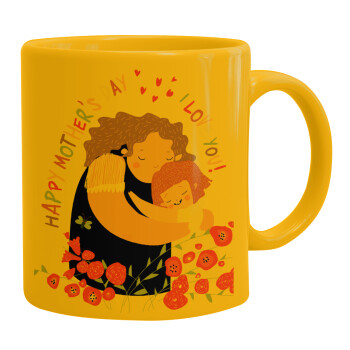 Cute mother, Happy mothers day, Ceramic coffee mug yellow, 330ml (1pcs)