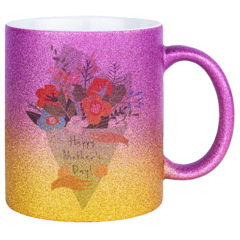 Bouquet of flowers, happy mothers day, Κούπα Χρυσή/Ροζ Glitter, κεραμική, 330ml