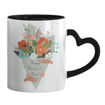 Bouquet of flowers, happy mothers day, Mug heart black handle, ceramic, 330ml