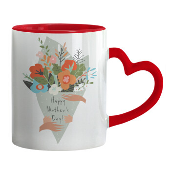 Bouquet of flowers, happy mothers day, Κούπα καρδιά χερούλι κόκκινη, κεραμική, 330ml