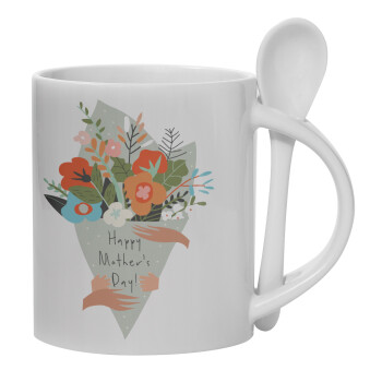 Bouquet of flowers, happy mothers day, Ceramic coffee mug with Spoon, 330ml (1pcs)