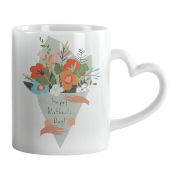 Bouquet of flowers, happy mothers day, Mug heart handle, ceramic, 330ml