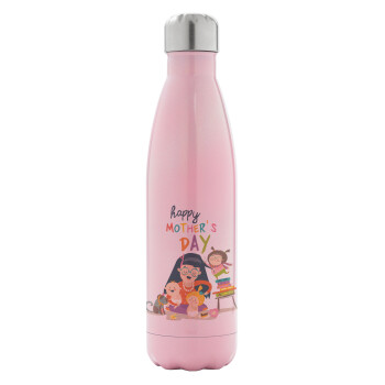 Beautiful women with her childrens, Metal mug thermos Pink Iridiscent (Stainless steel), double wall, 500ml