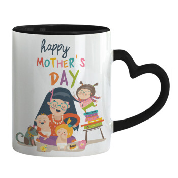 Beautiful women with her childrens, Mug heart black handle, ceramic, 330ml