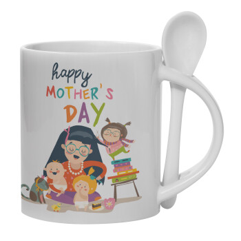 Beautiful women with her childrens, Ceramic coffee mug with Spoon, 330ml (1pcs)