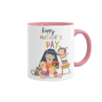 Beautiful women with her childrens, Mug colored pink, ceramic, 330ml