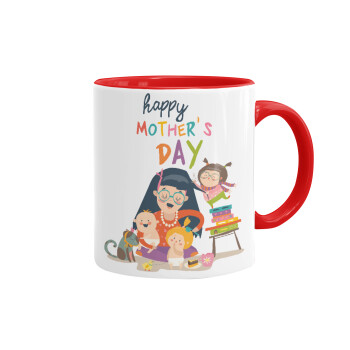 Beautiful women with her childrens, Mug colored red, ceramic, 330ml