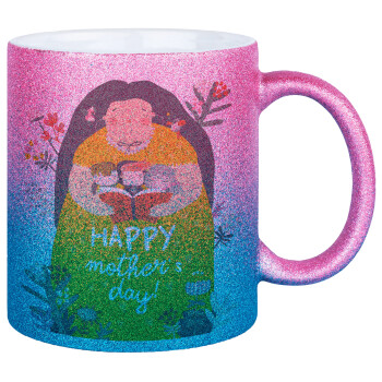 Cute mother reading book, happy mothers day, Κούπα Χρυσή/Μπλε Glitter, κεραμική, 330ml