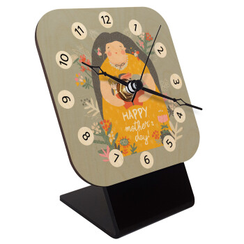 Cute mother reading book, happy mothers day, Quartz Table clock in natural wood (10cm)