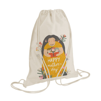 Cute mother reading book, happy mothers day, Τσάντα πλάτης πουγκί GYMBAG natural (28x40cm)