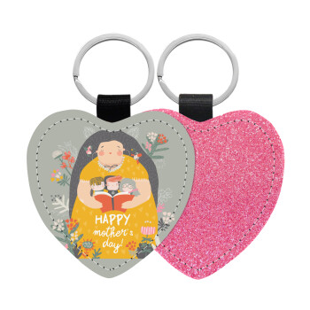 Cute mother reading book, happy mothers day, Μπρελόκ PU δερμάτινο glitter καρδιά ΡΟΖ