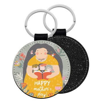 Cute mother reading book, happy mothers day, Μπρελόκ Δερματίνη, στρογγυλό ΜΑΥΡΟ (5cm)