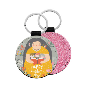 Cute mother reading book, happy mothers day, Μπρελόκ Δερματίνη, στρογγυλό ΡΟΖ (5cm)