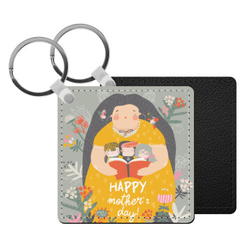 Cute mother reading book, happy mothers day, Μπρελόκ Δερματίνη, τετράγωνο ΜΑΥΡΟ (5x5cm)