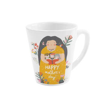 Cute mother reading book, happy mothers day, Κούπα κωνική Latte Λευκή, κεραμική, 300ml