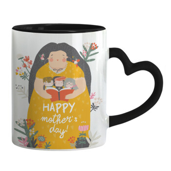 Cute mother reading book, happy mothers day, Mug heart black handle, ceramic, 330ml