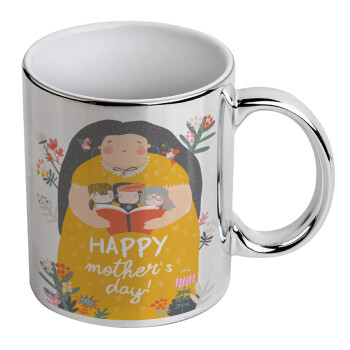 Cute mother reading book, happy mothers day, Κούπα κεραμική, ασημένια καθρέπτης, 330ml