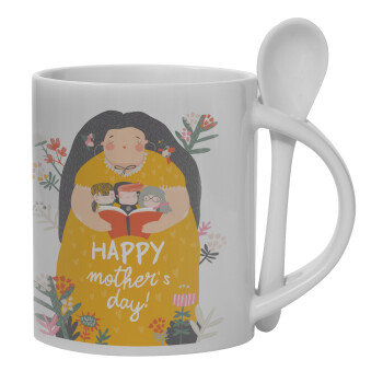 Cute mother reading book, happy mothers day, Κούπα, κεραμική με κουταλάκι, 330ml (1 τεμάχιο)