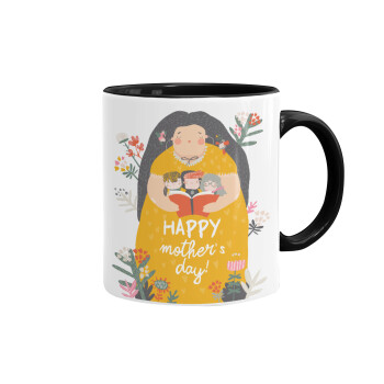 Cute mother reading book, happy mothers day, Κούπα χρωματιστή μαύρη, κεραμική, 330ml