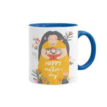 Cute mother reading book, happy mothers day, Κούπα χρωματιστή μπλε, κεραμική, 330ml