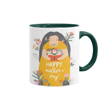 Cute mother reading book, happy mothers day, Κούπα χρωματιστή πράσινη, κεραμική, 330ml