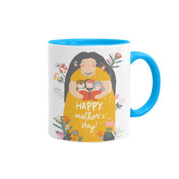 Cute mother reading book, happy mothers day, Κούπα χρωματιστή γαλάζια, κεραμική, 330ml