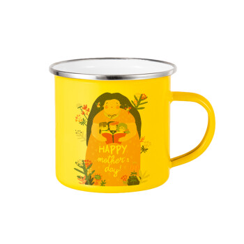 Cute mother reading book, happy mothers day, Yellow Enamel Metallic Cup 360ml