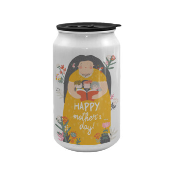 Cute mother reading book, happy mothers day, Κούπα ταξιδιού μεταλλική με καπάκι (tin-can) 500ml