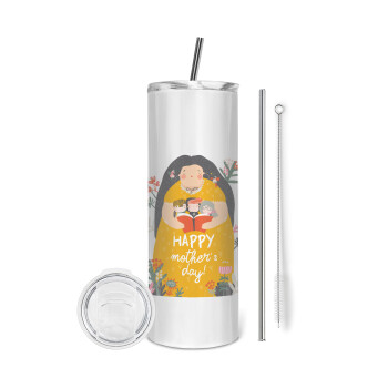 Cute mother reading book, happy mothers day, Tumbler ποτήρι θερμό από ανοξείδωτο ατσάλι 600ml, με μεταλλικό καλαμάκι & βούρτσα καθαρισμού