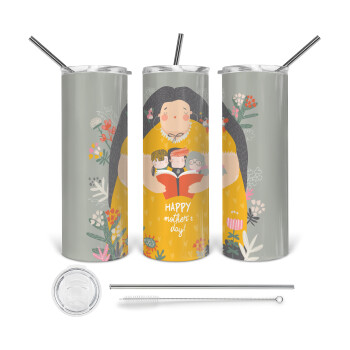 Cute mother reading book, happy mothers day, 360 Eco friendly stainless steel tumbler 600ml, with metal straw & cleaning brush