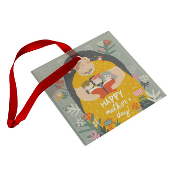 Cute mother reading book, happy mothers day, Χριστουγεννιάτικο στολίδι γυάλινο τετράγωνο 9x9cm