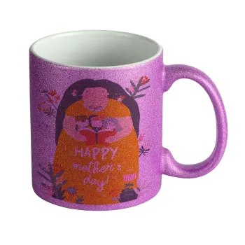 Cute mother reading book, happy mothers day, Κούπα Μωβ Glitter που γυαλίζει, κεραμική, 330ml