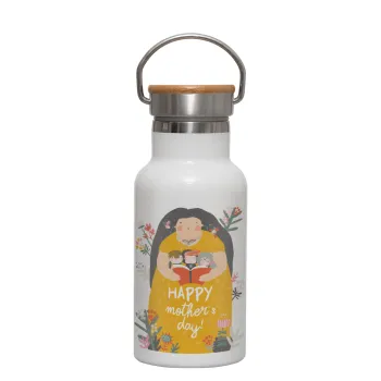Cute mother reading book, happy mothers day, Μεταλλικό παγούρι θερμός (Stainless steel) Λευκό με ξύλινο καπακι (bamboo), διπλού τοιχώματος, 350ml