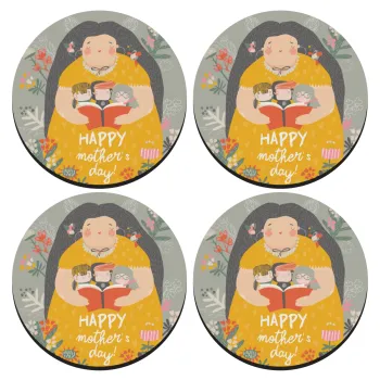 Cute mother reading book, happy mothers day, ΣΕΤ 4 Σουβέρ ξύλινα στρογγυλά (9cm)