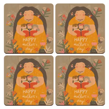 Cute mother reading book, happy mothers day, ΣΕΤ x4 Σουβέρ ξύλινα τετράγωνα plywood (9cm)