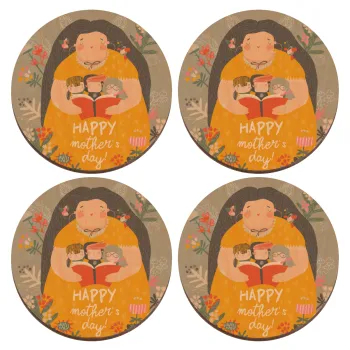 Cute mother reading book, happy mothers day, ΣΕΤ x4 Σουβέρ ξύλινα στρογγυλά plywood (9cm)