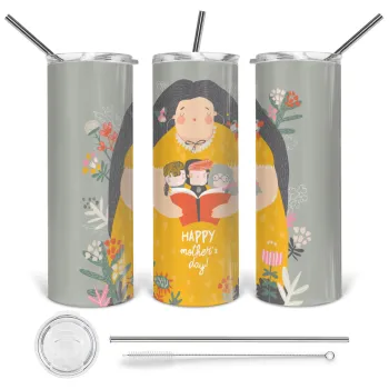 Cute mother reading book, happy mothers day, Tumbler ποτήρι θερμό από ανοξείδωτο ατσάλι 600ml, με μεταλλικό καλαμάκι & βούρτσα καθαρισμού